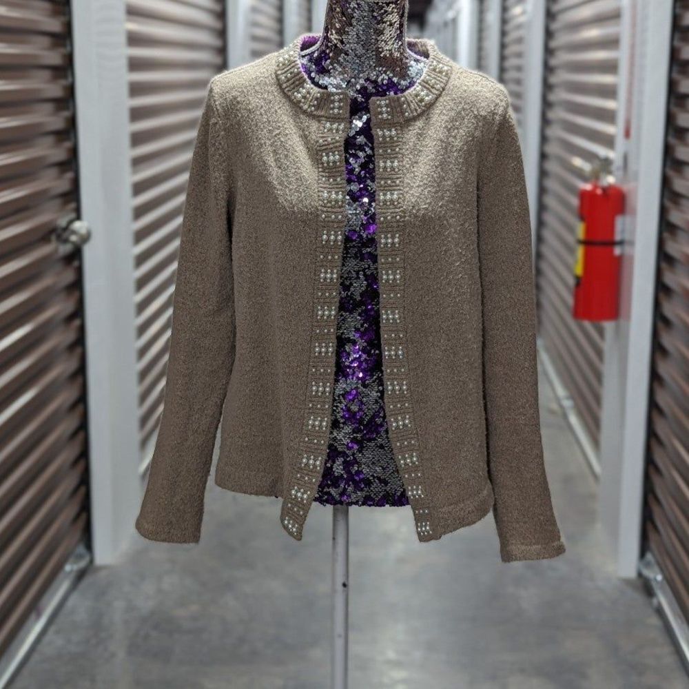 Anne Taylor Factory Medium Soft Beige Cardigan with Pearl Detailing